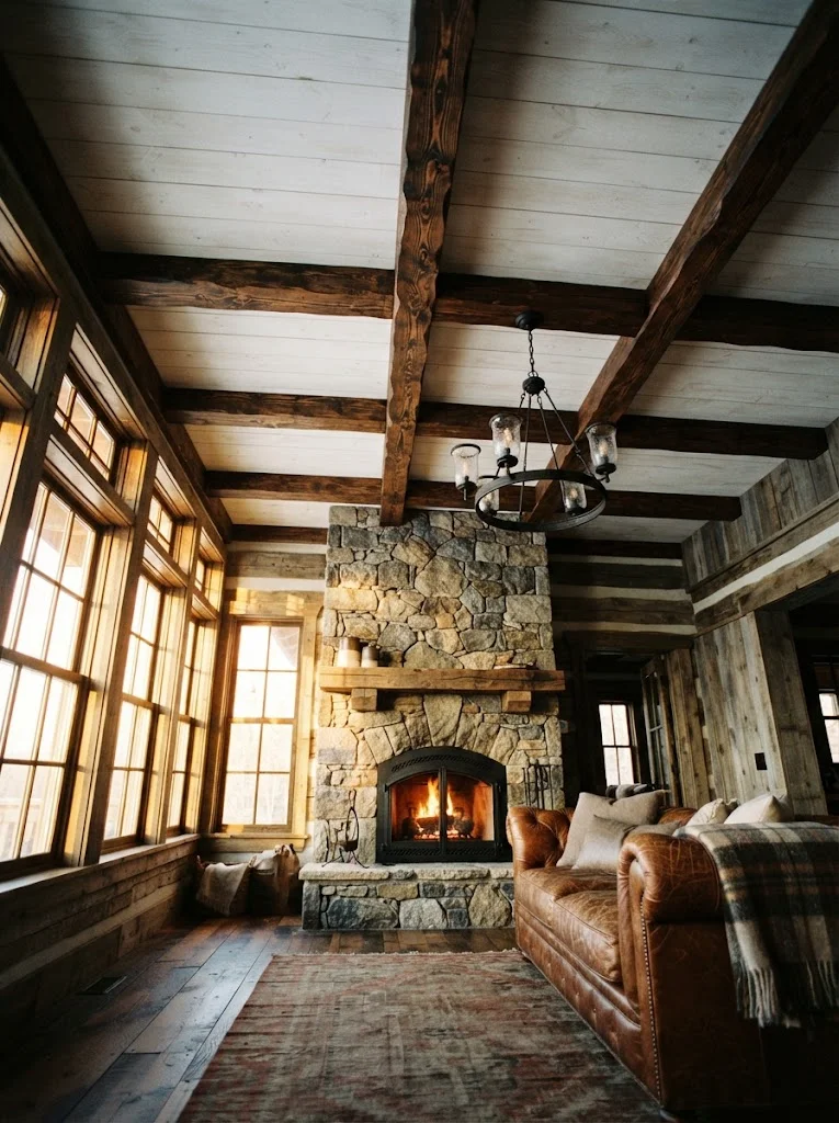 Exposed dark wood ceiling beams in a rustic living room with stone fireplace