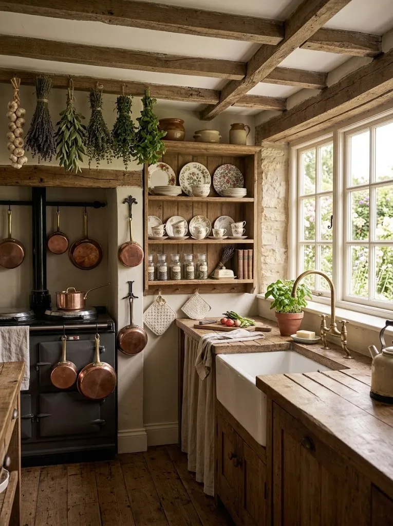 Farmhouse style kitchen with open shelving and copper pots