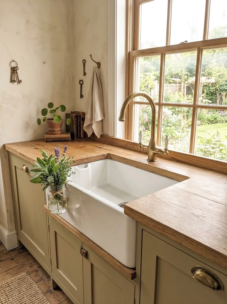 White farmhouse apron sink with brass faucet in a rustic kitchen