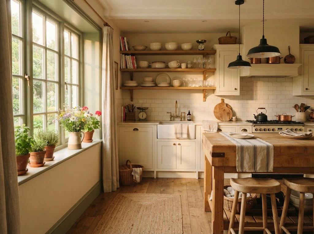 Cozy farmhouse style kitchen ideas with cream cabinets, wood island, open shelves, and warm pendant lights