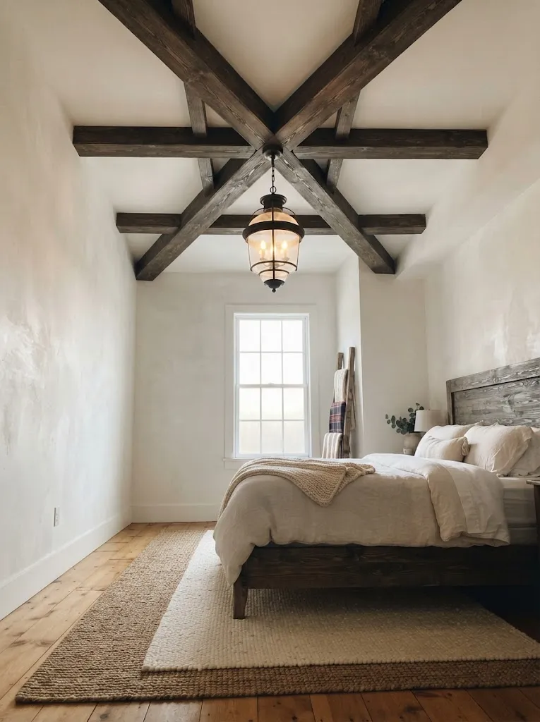 Gallery wall of framed vintage botanical prints above a farmhouse bed
