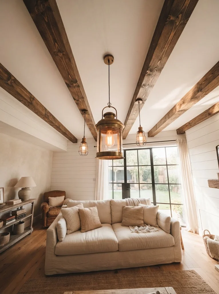Faux wood ceiling beams adding rustic character to a budget-friendly living room