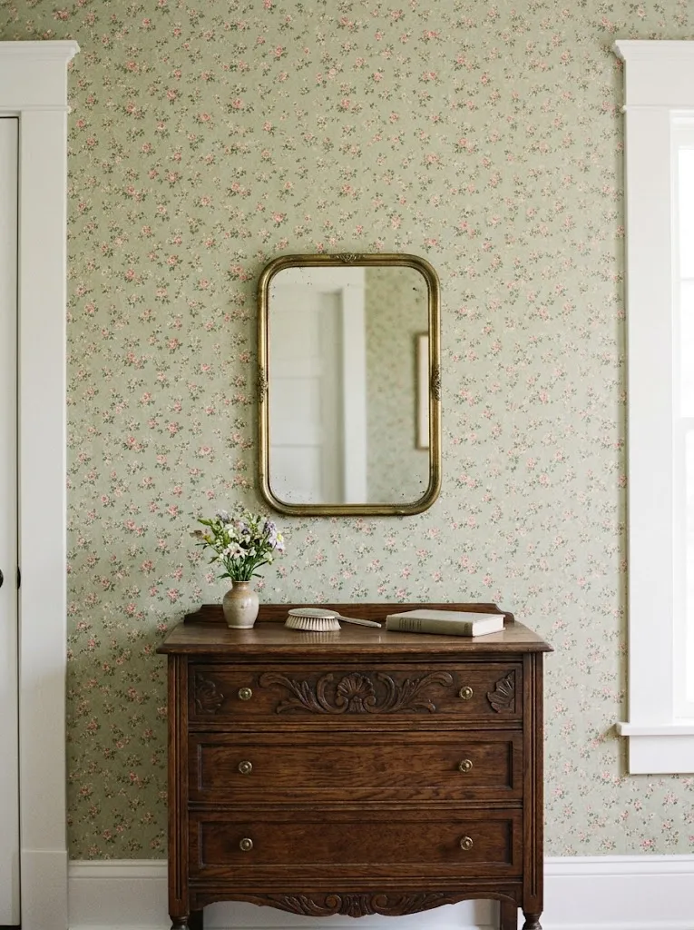 Small sage green and pink rose floral wallpaper accent wall above an antique wooden dresser