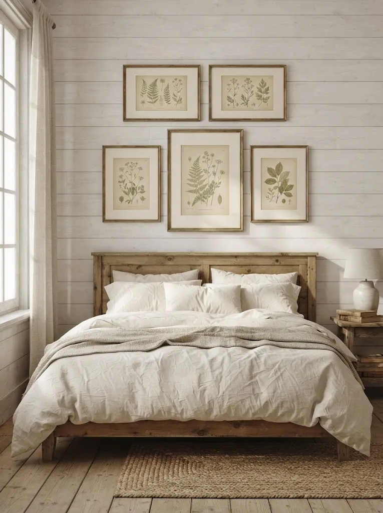 Five vintage botanical prints in thin wooden frames arranged above a pine bed with linen bedding