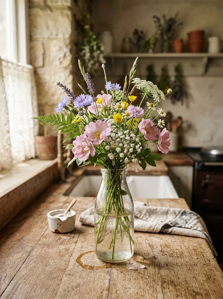 Fresh wildflower arrangement in a vintage jar for a cottagecore home
