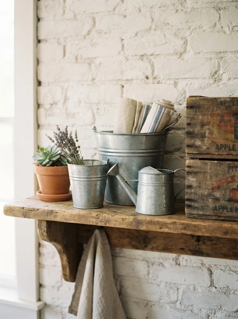 Galvanized metal buckets and planters styled beside wooden crates
