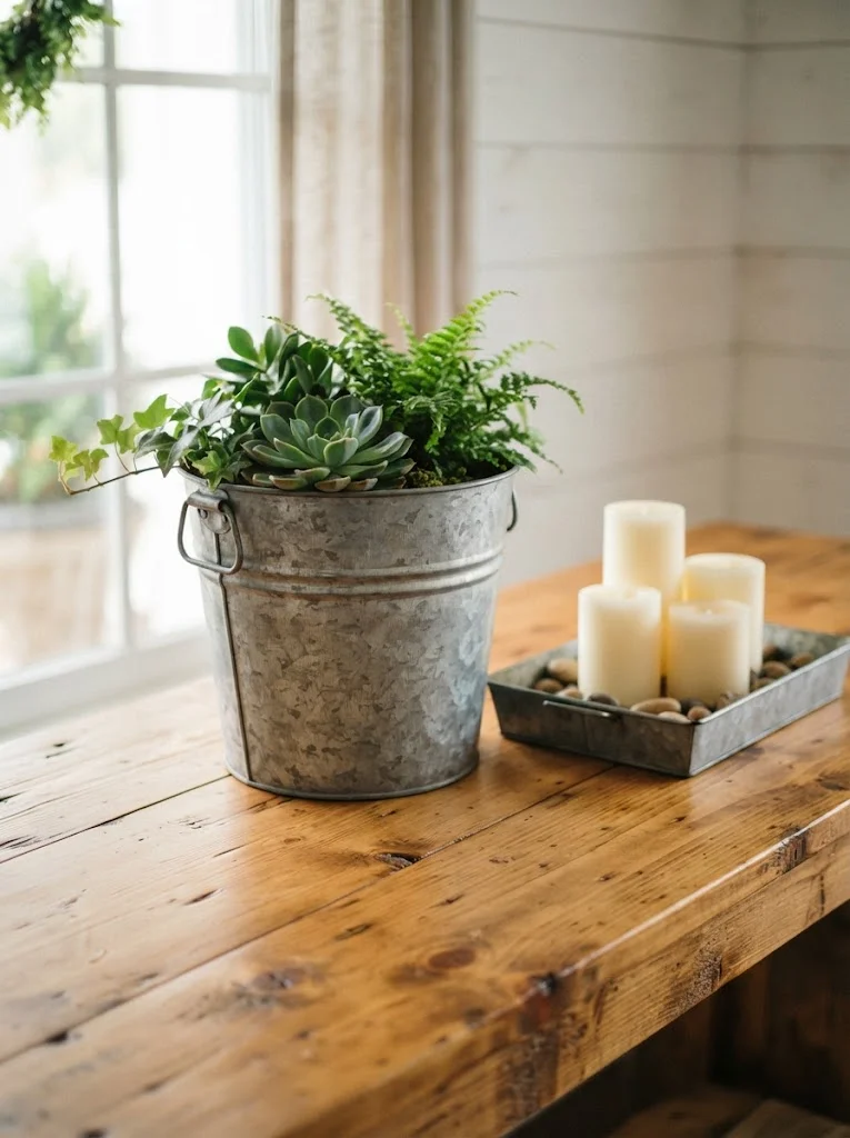 Galvanized metal bucket planter styled on a wood console for rustic decor