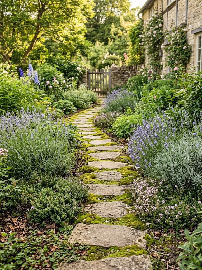 Garden path stepping stones bordered with lavender in a cottage garden