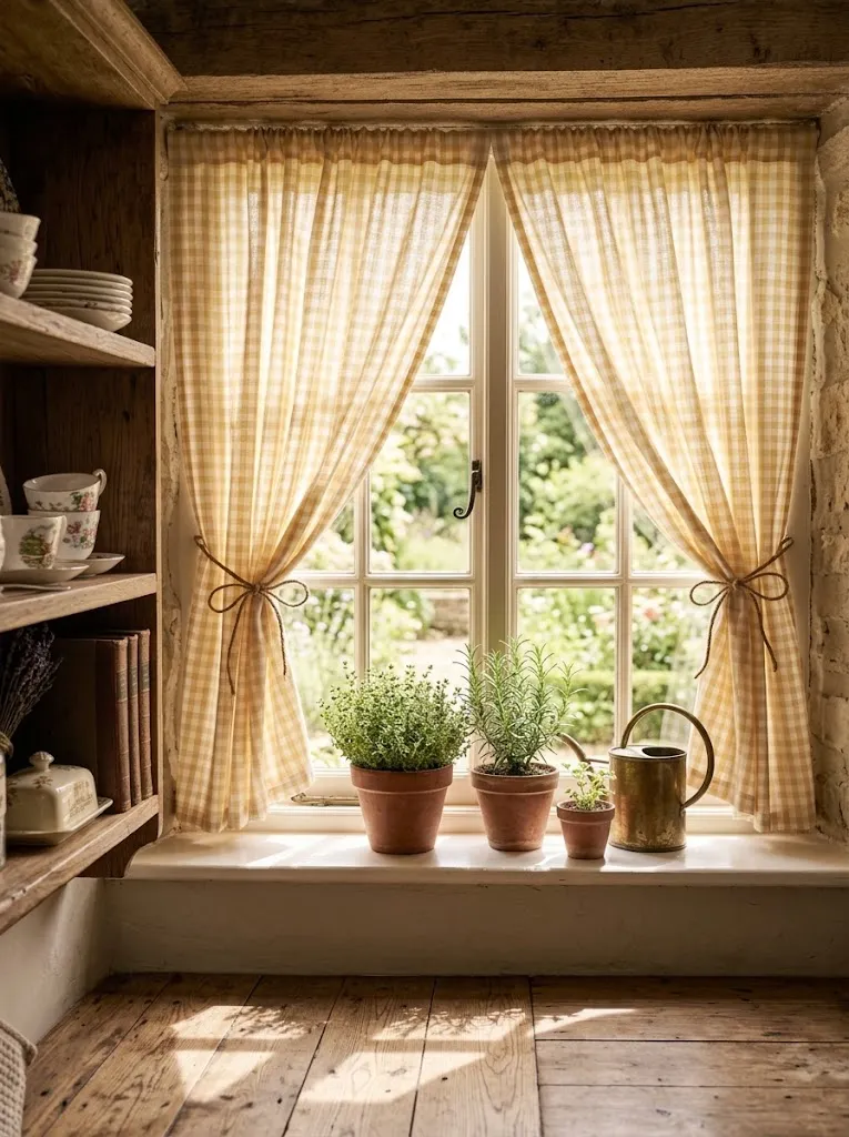 Yellow gingham curtains hanging in a cottagecore style kitchen window