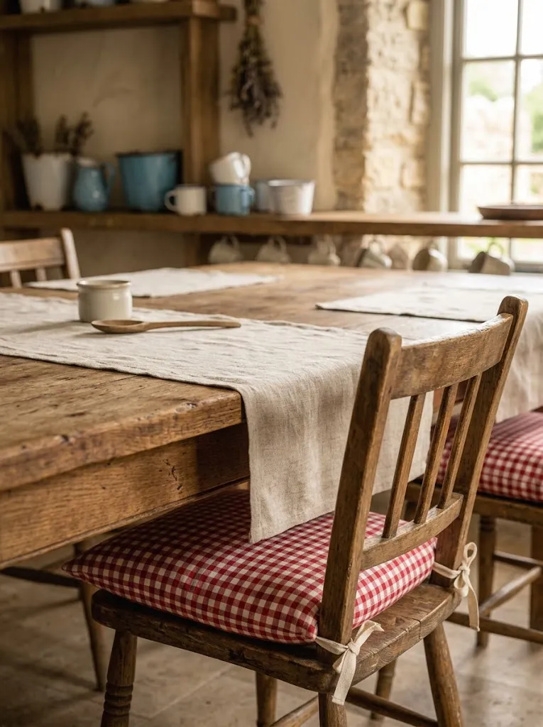 Gingham fabric accents in a cottagecore style dining area