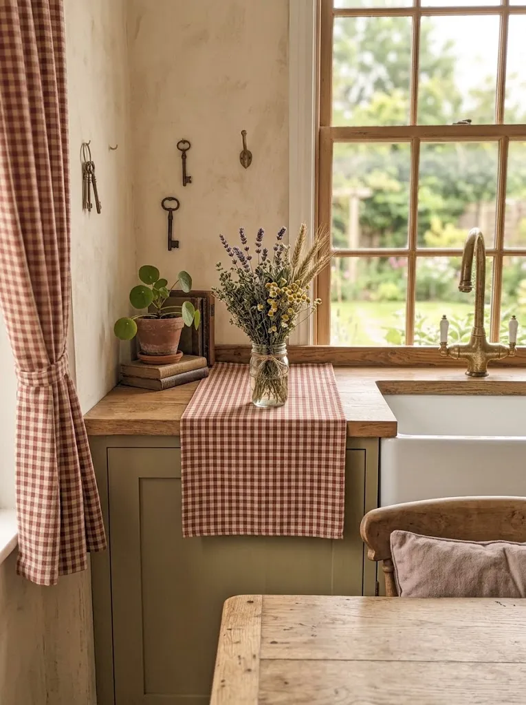 Red gingham curtain and table linens in a cottage kitchen