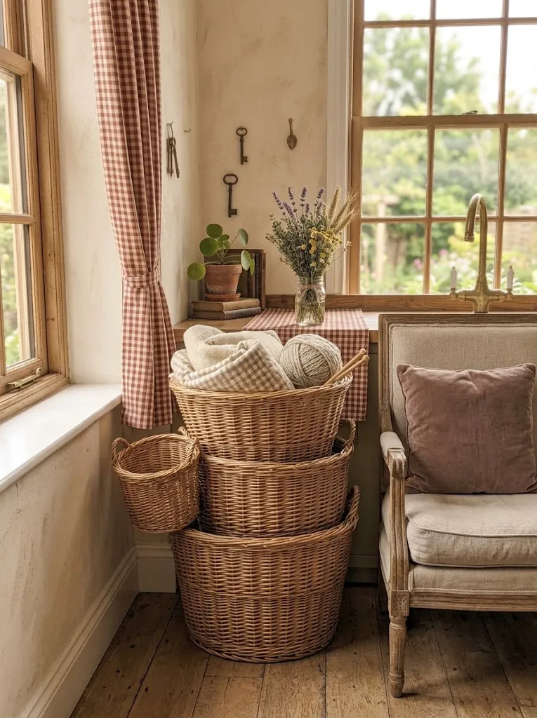 Stacked woven baskets used for storage beside an armchair