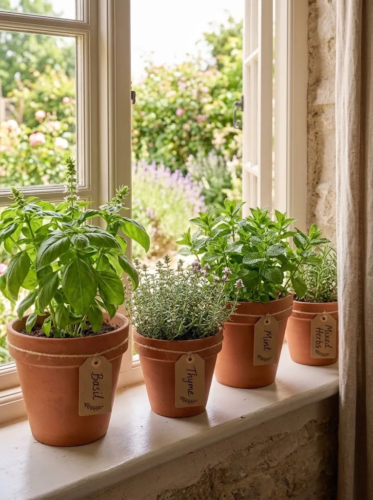 Potted herbs on a sunny windowsill in a cottagecore kitchen