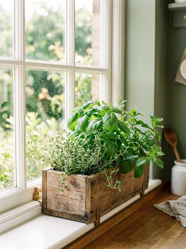 Wooden window box with fresh basil and thyme herbs