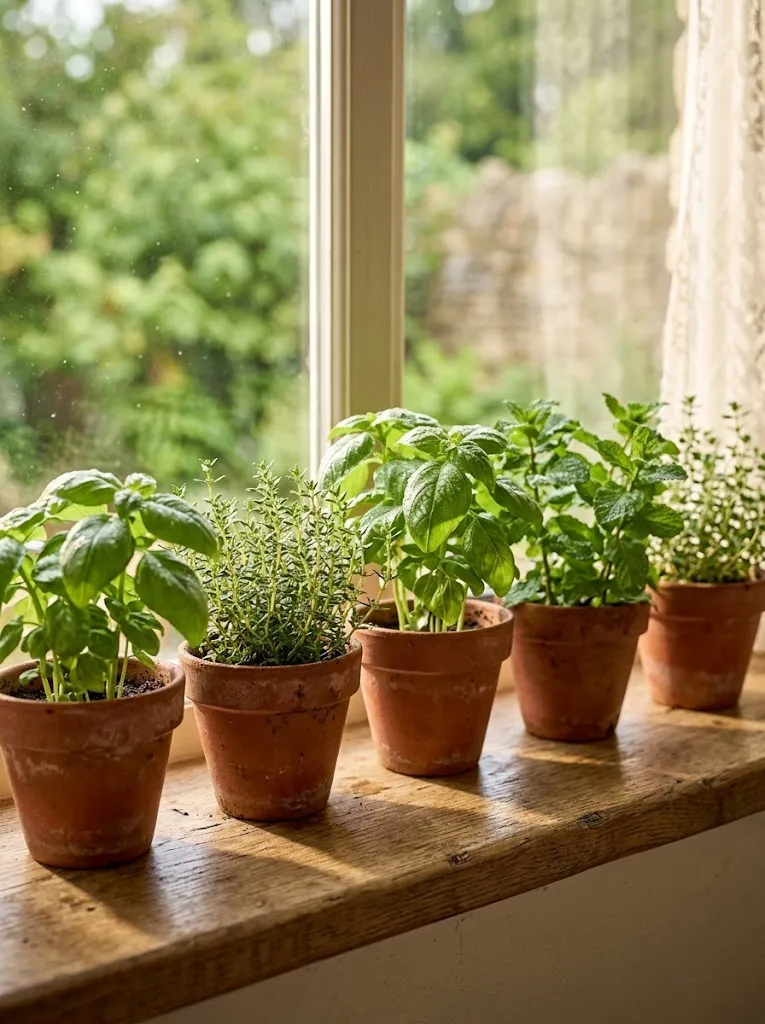 Herb garden windowsill setup in a cottagecore style kitchen