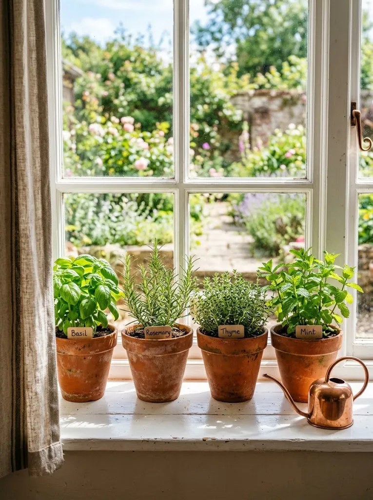 Terracotta pots of basil, rosemary, thyme, and mint on a sunny kitchen windowsill