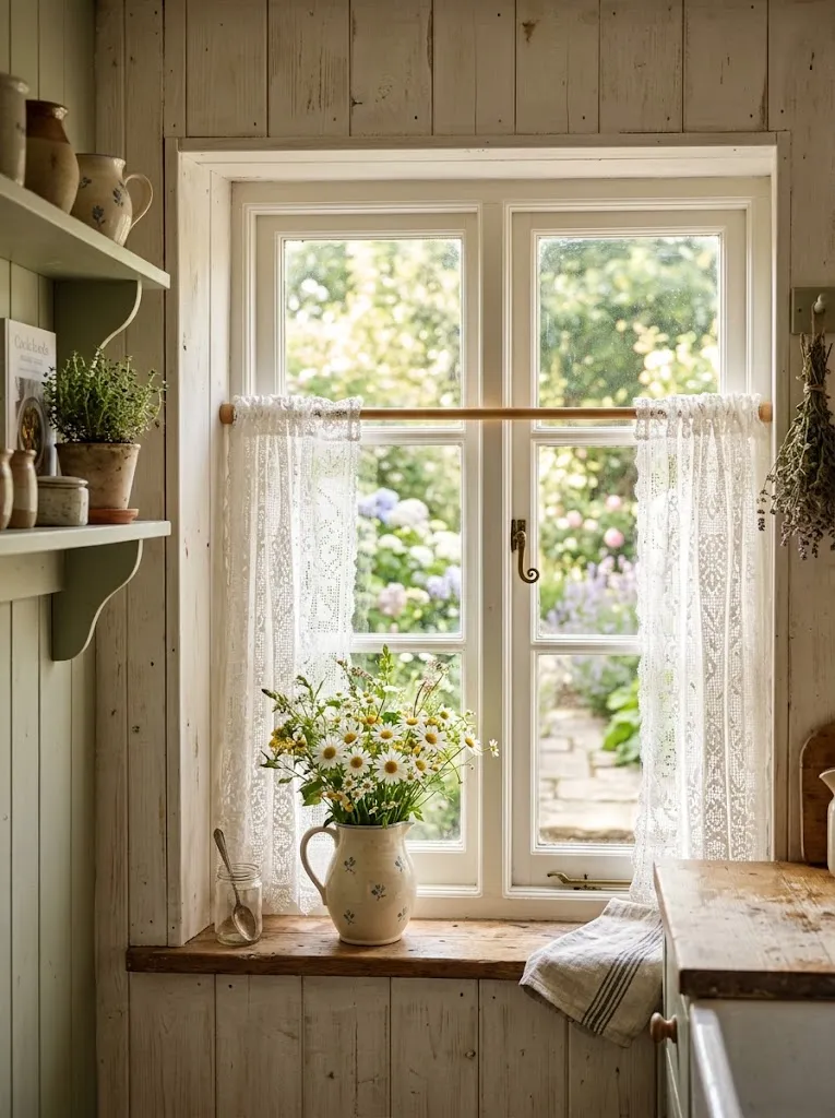 White lace café curtains on a sunlit cottage kitchen window with daisies in a ceramic pitcher
