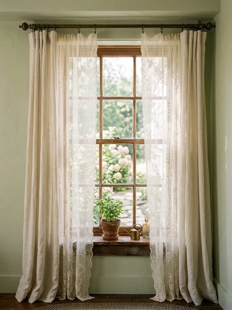 Layered lace and linen curtains in a vintage inspired cottage window nook