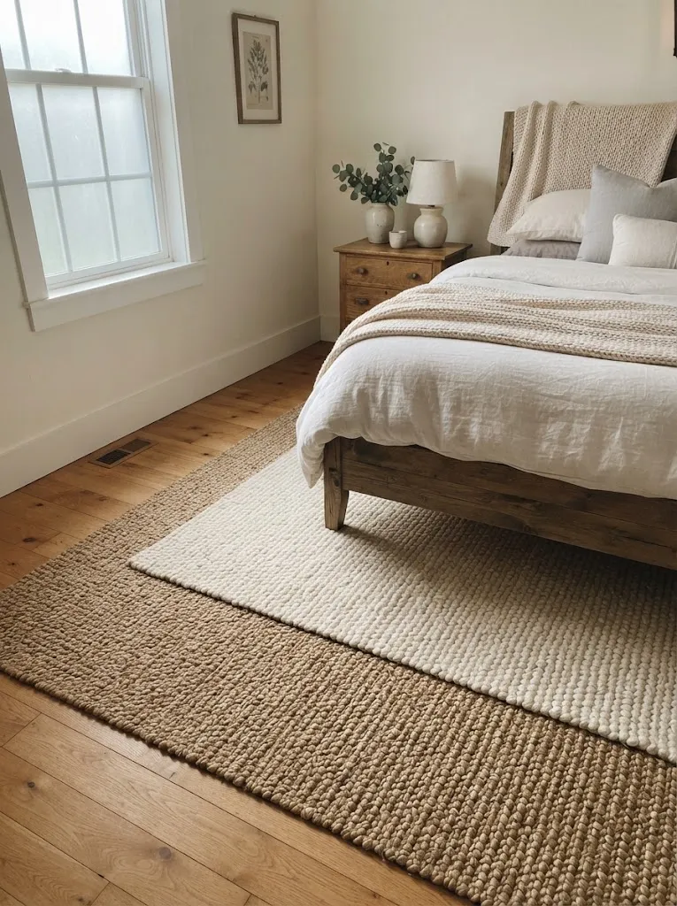 Cream wool rug layered over a large jute rug beside a farmhouse bed