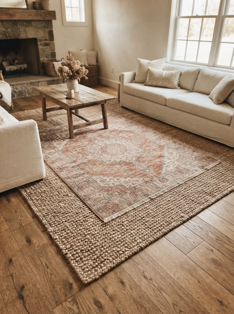 Layered jute and vintage rugs styled in a rustic farmhouse living room