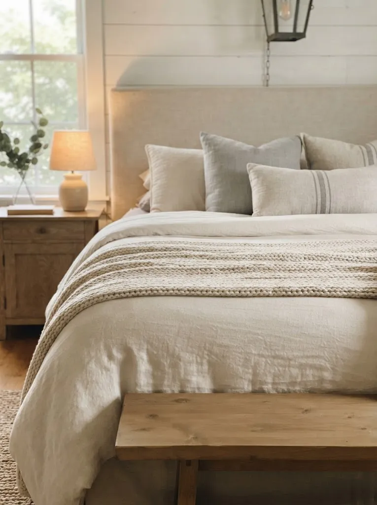 Layered oat, ivory, and gray linen bedding on a farmhouse bed with a folded quilt