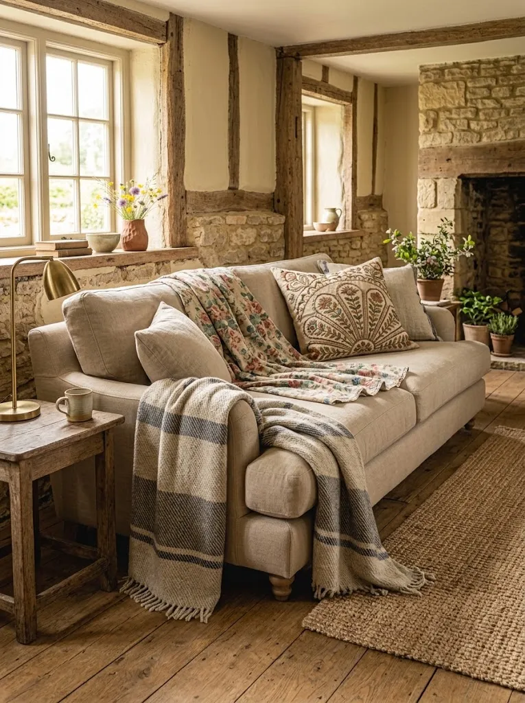 Layered vintage textiles styled on a cottagecore living room sofa