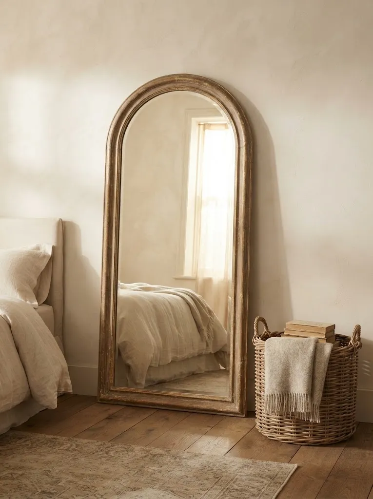 Tall arched floor mirror with a weathered wood frame leaning on a cream wall and reflecting soft bedroom window light
