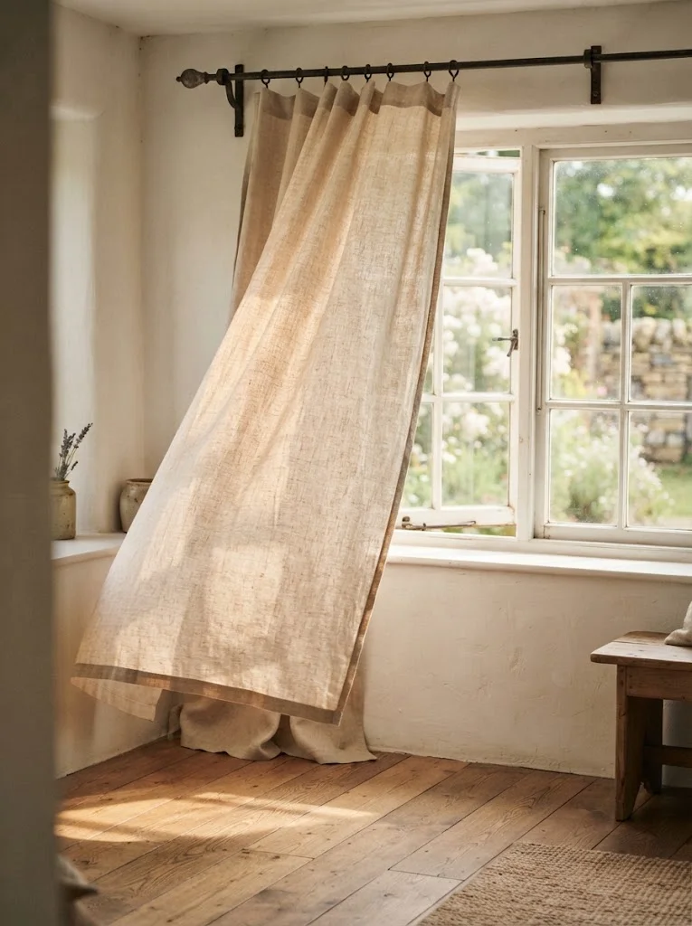 Natural linen curtains on a wrought iron rod for a rustic farmhouse window