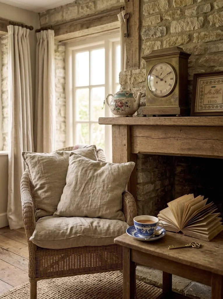 Relaxed lived in cottagecore living room with open book and tea
