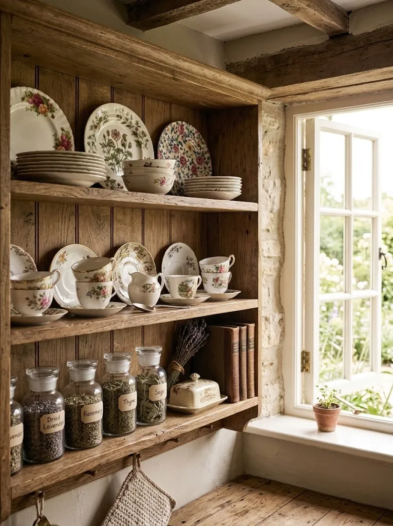 Open shelving with mismatched vintage plates in a cottagecore kitchen