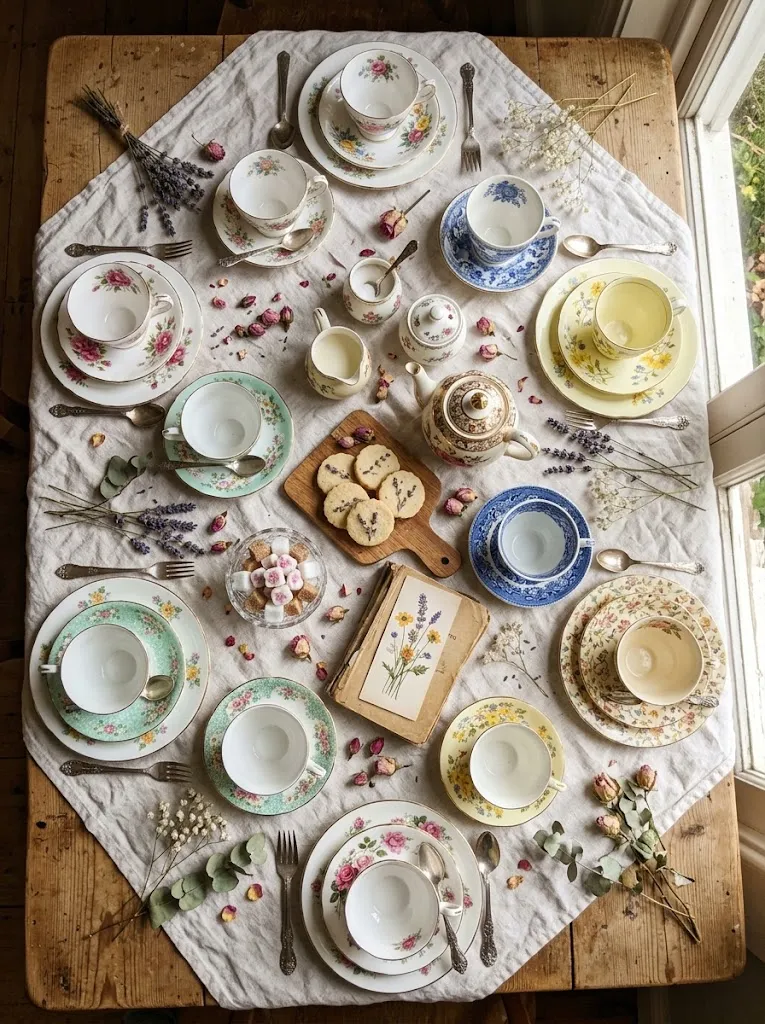 Mismatched vintage floral china teacups and plates on a table