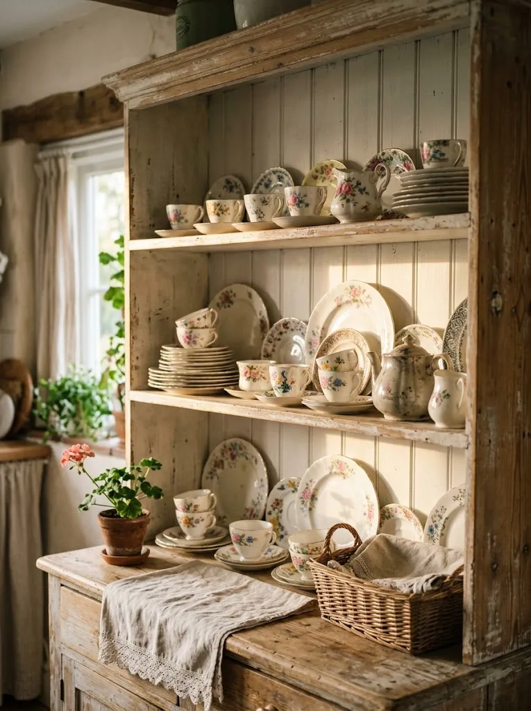 Mismatched vintage china plates and teacups displayed on an open kitchen hutch