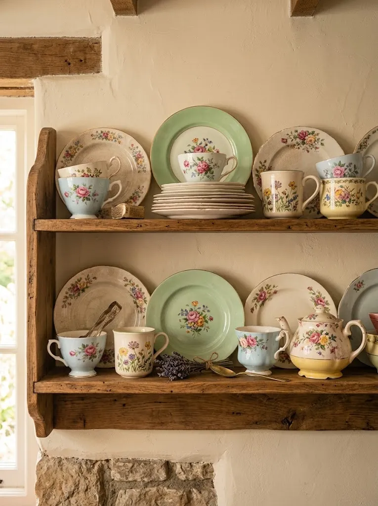 Mismatched vintage dishware displayed on open kitchen shelves