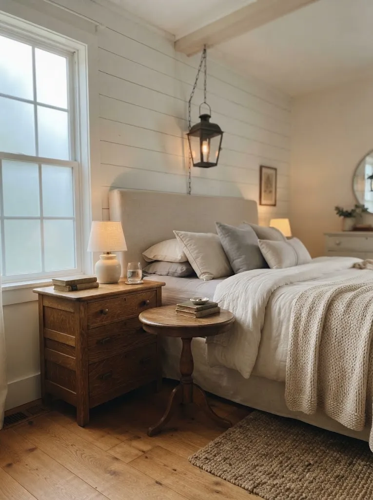 Two mismatched vintage wood nightstands with matching white lamps beside a bed