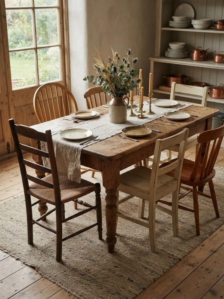 Mismatched wooden dining chairs around a rustic farmhouse table