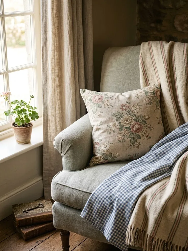 Mixed floral and gingham patterns layered in a cottagecore living space