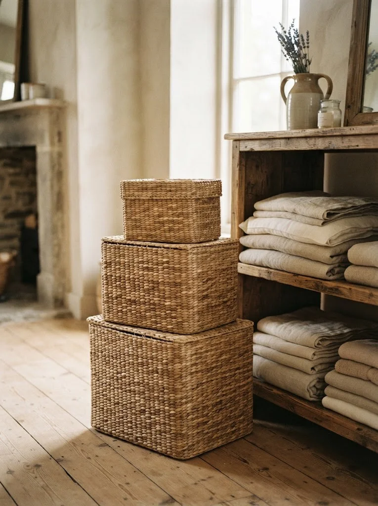 Woven seagrass storage baskets beside a rustic wood shelf