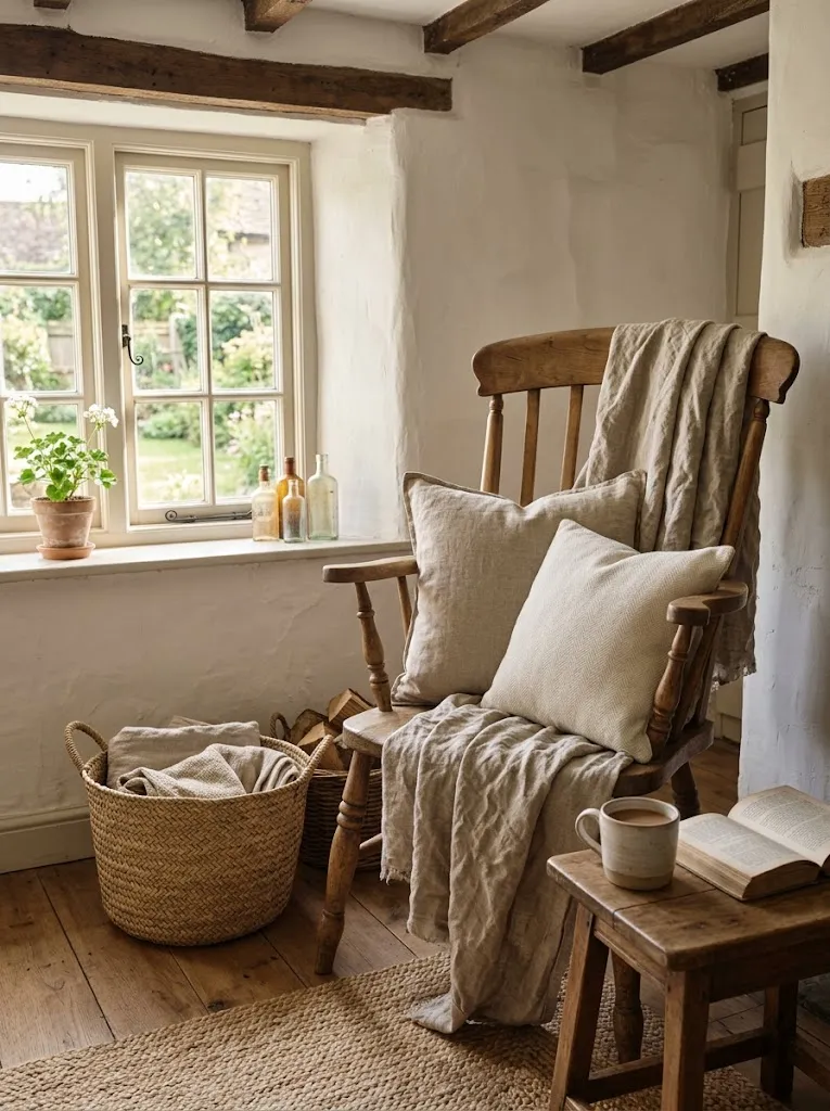Oatmeal linen cushions and a flax throw draped over a wooden armchair in a cottage living room