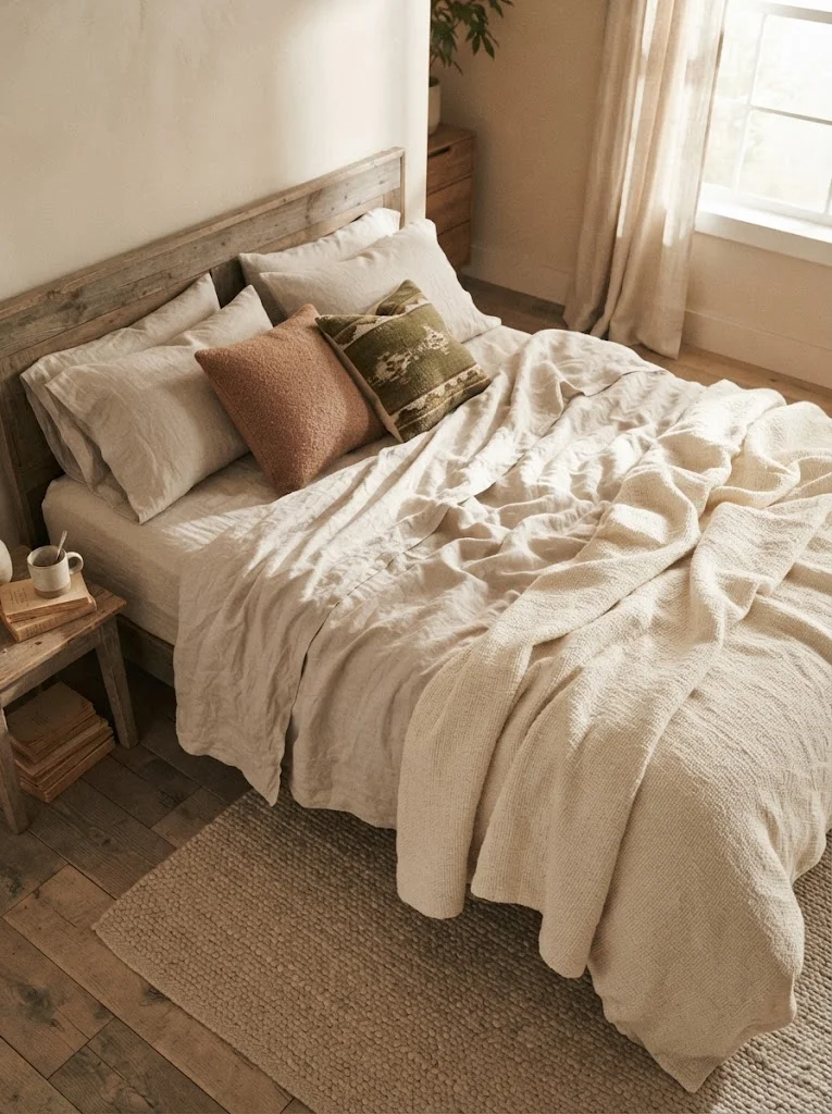 Neutral oatmeal linen bedding styled in a cozy rustic bedroom
