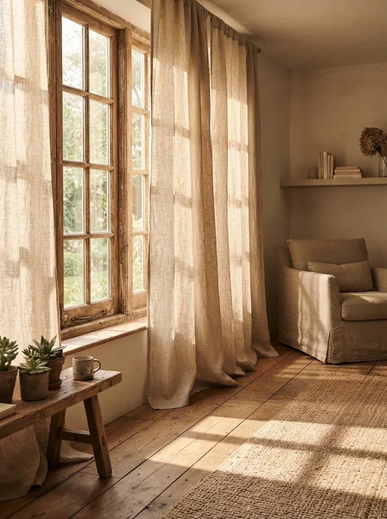 Neutral linen curtains hanging beside a sunlit window in a rustic room