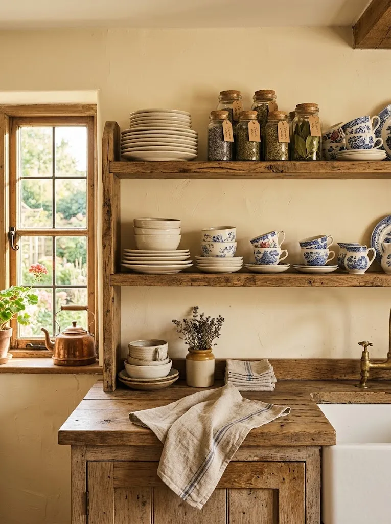 Rustic open kitchen shelves with cream stoneware plates, blue and white teacups, and jars of dried herbs