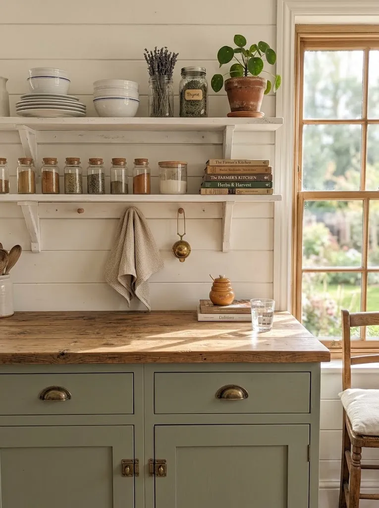 Open kitchen shelves with stacked ceramic plates and jars