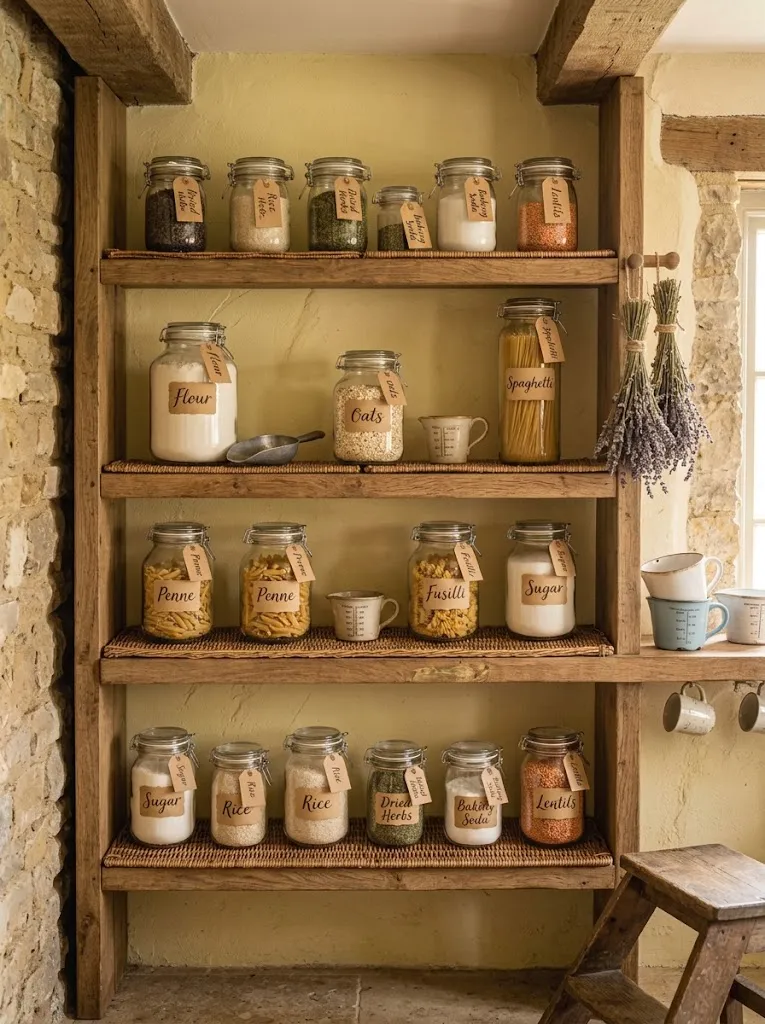 Open shelf pantry jars in a cottagecore style kitchen