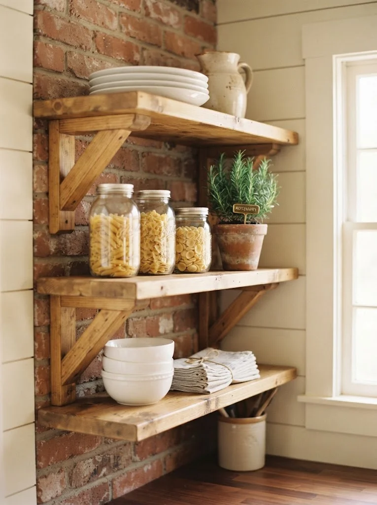 Open wood shelving styled with dishware and herbs in a rustic farmhouse kitchen