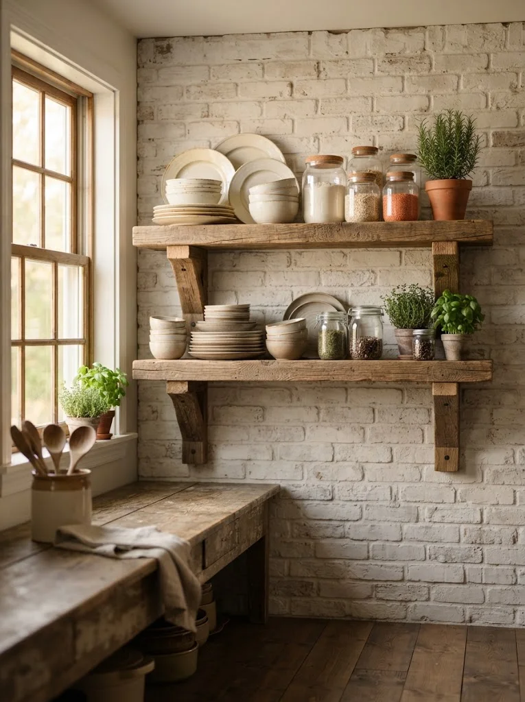 Open wood shelving in a rustic farmhouse kitchen with plates and jars