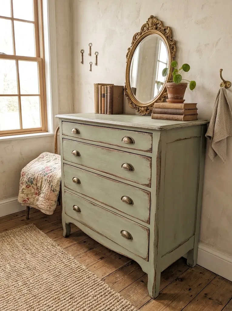 Sage green painted vintage dresser with distressed edges