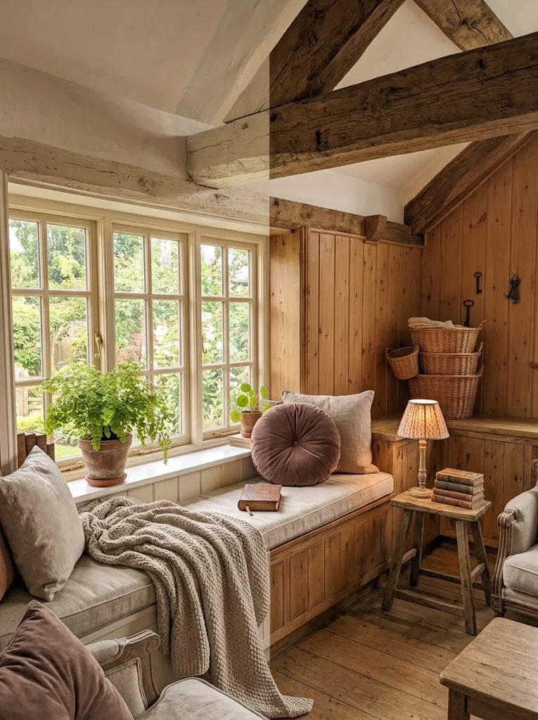 Side by side painted and natural wood trim in a cottage room