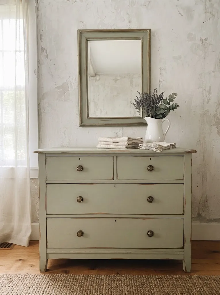 Vintage dresser painted sage green with distressed edges and brass knobs