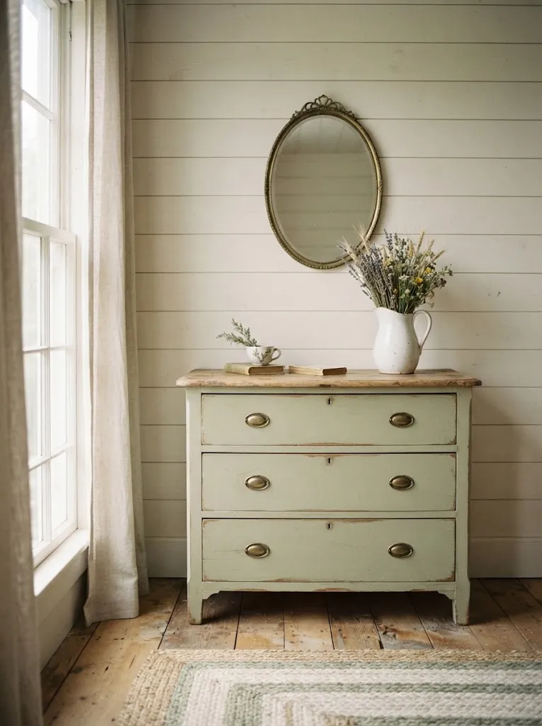 Vintage dresser painted soft sage green with distressed edges and brass knobs beneath an oval mirror