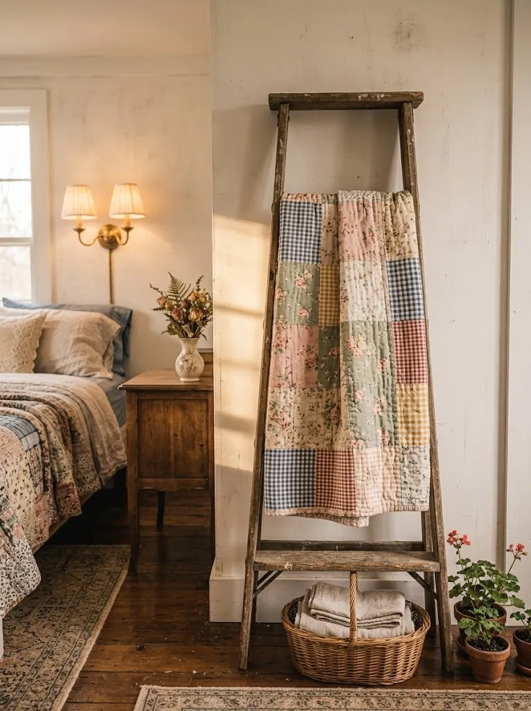 Hand stitched patchwork quilt draped over a wooden ladder as vintage bedroom decor